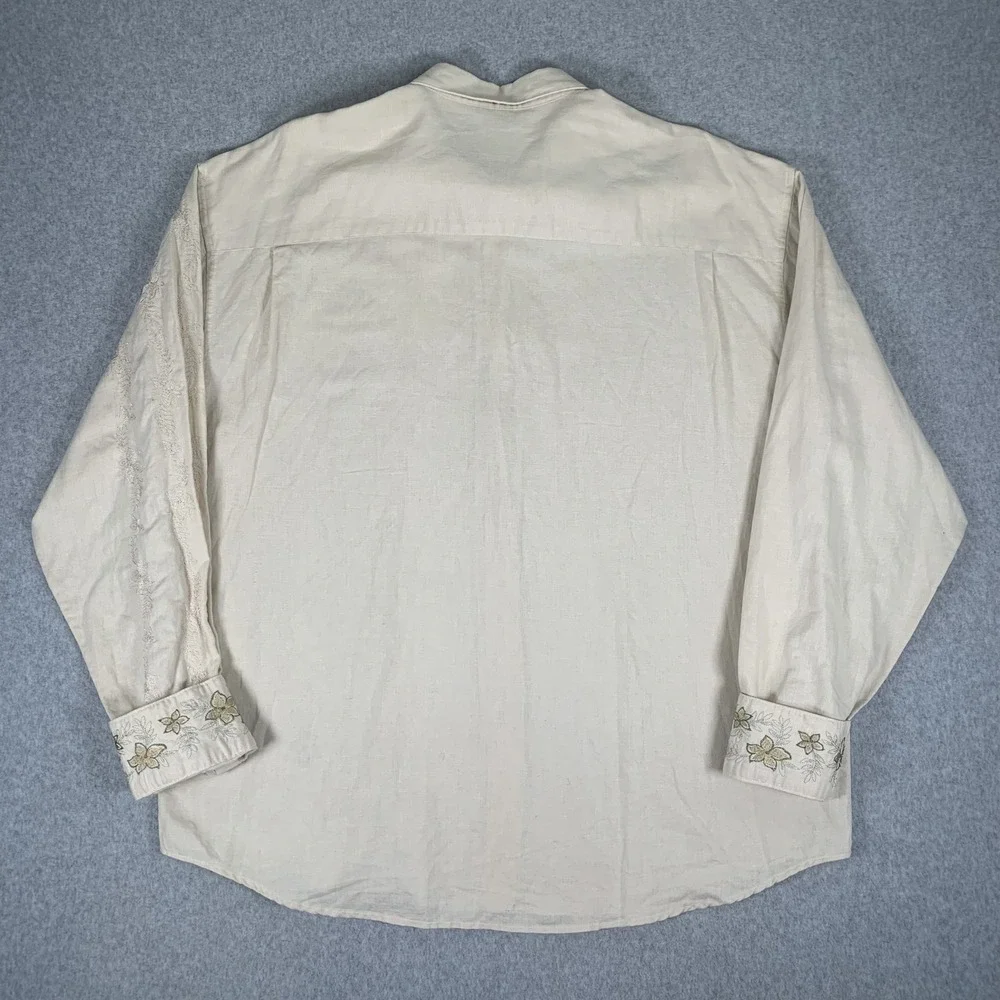 Bamboo Cay Button Down Shirt Mens XL Cream Linen Cotton Floral Embroidered